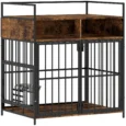 Dog Crate Table with Shelves and Rotating Bowls – Rustic Brown