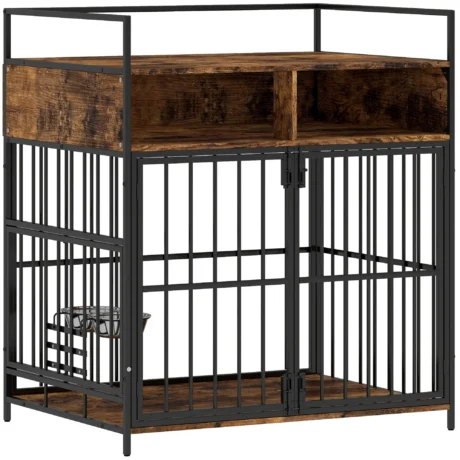 Dog Crate Table with Shelves and Rotating Bowls – Rustic Brown