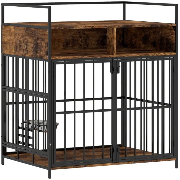 Dog Crate Table with Shelves and Rotating Bowls – Rustic Brown Dog Crate Table with Shelves and Rotating Bowls – Rustic Brown