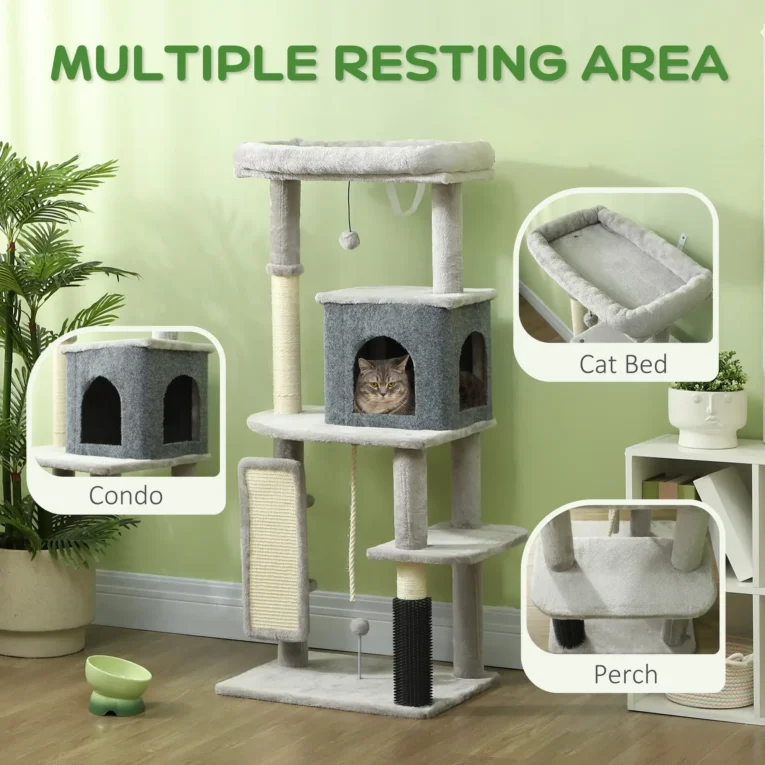 Cat Tower with Grooming Brush and Scratching Pad – Light Grey, 132cm