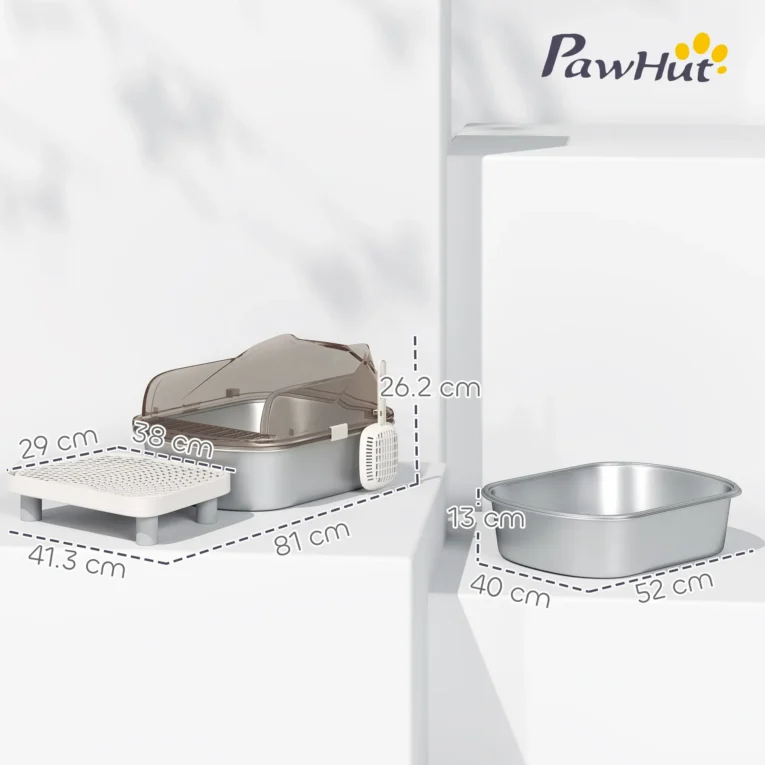 High-Sided Steel Cat Litter Tray with Step – Charcoal, 52cm