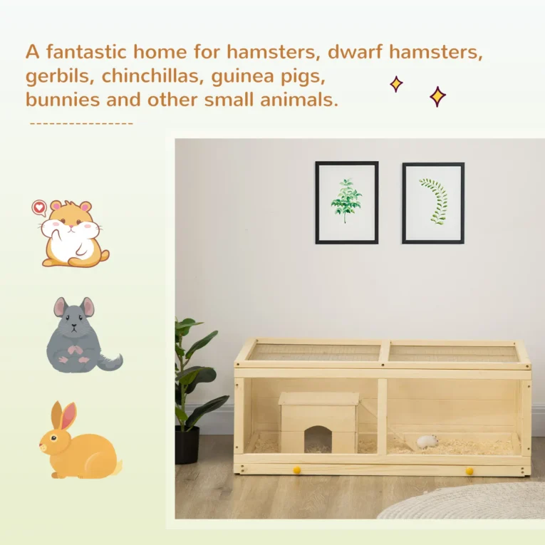 Wooden Hamster Habitat with Sliding Tray – Natural, 100cm Wooden Hamster Habitat with Sliding Tray – Natural, 100cm