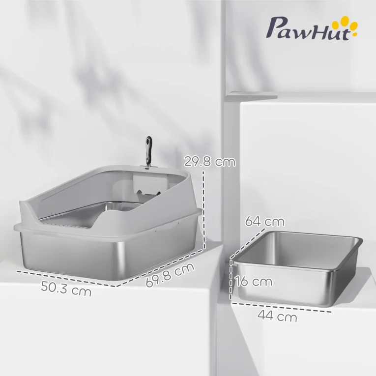 XXL High-Sided Steel Cat Litter Tray with Scoop – Grey, 70cm XXL High-Sided Steel Cat Litter Tray with Scoop – Grey, 70cm
