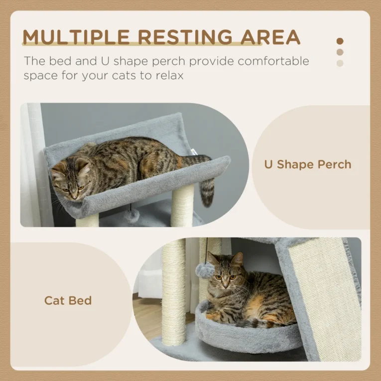 Compact Cat Tower with Scratching Ramp and Curved Perch – Grey, 76cm