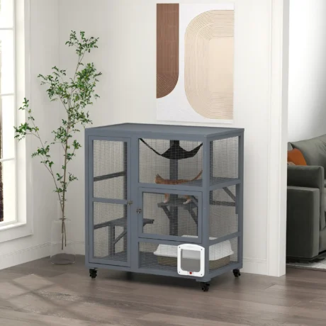 Wooden Indoor Cat Enclosure with Hammock and Wheels &ndash; Light Grey &ndash; detail 2