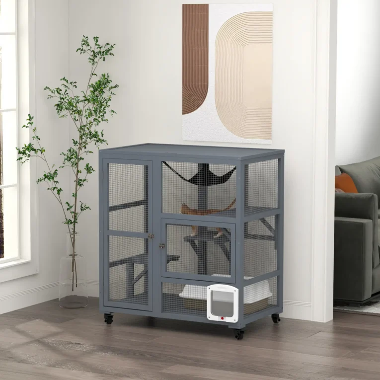 Wooden Indoor Cat Enclosure with Hammock and Wheels – Light Grey