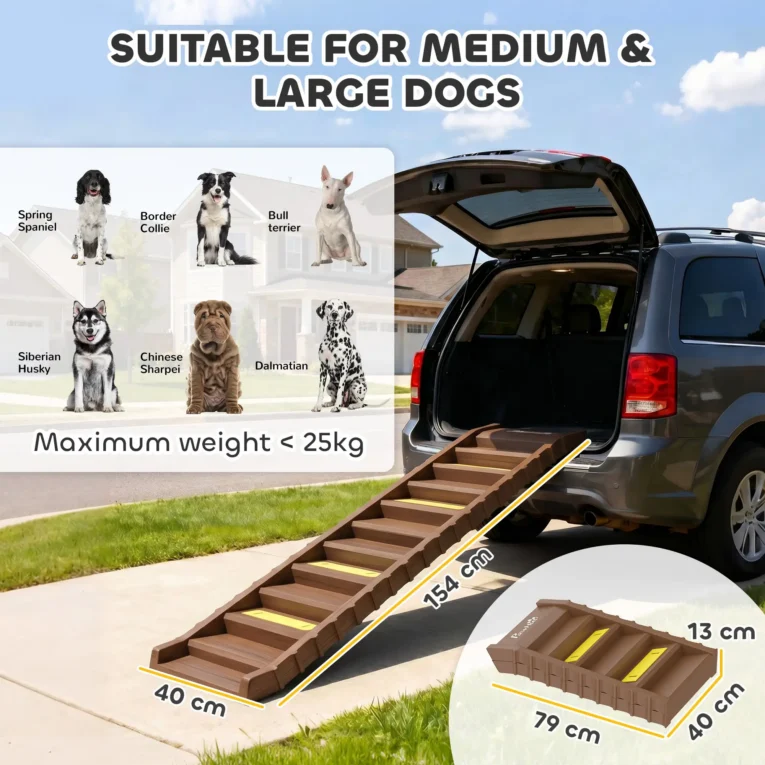 Folding Dog Access Ramp with Grip Strips – Brown, 154cm