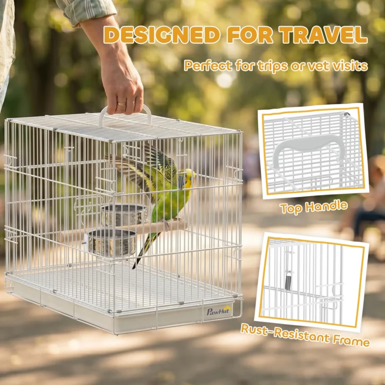 Folding Bird Travel Cage with Perch and Bowls – White, 49cm