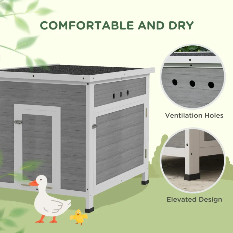 Wooden Duck House with Opening Roof and Ramp – Light Grey
