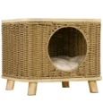 Raised Rattan-Style Cat Hideaway with Cushion – Light Brown, 40cm