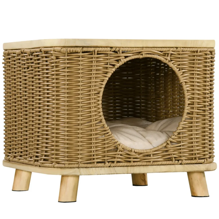 Raised Rattan-Style Cat Hideaway with Cushion – Light Brown, 40cm