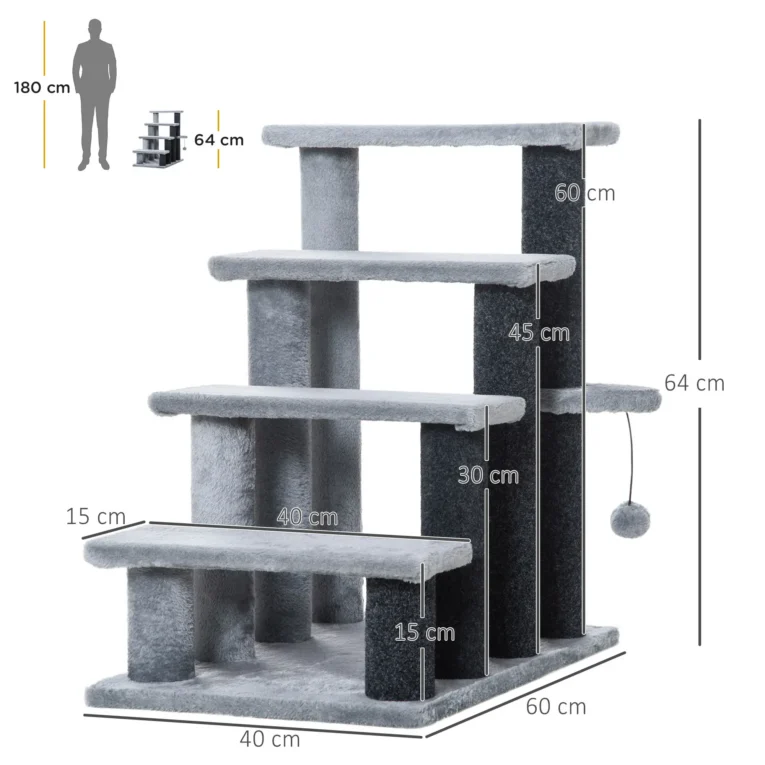 Four-Step Cat Stairs with Toy Platform – Grey, 64cm
