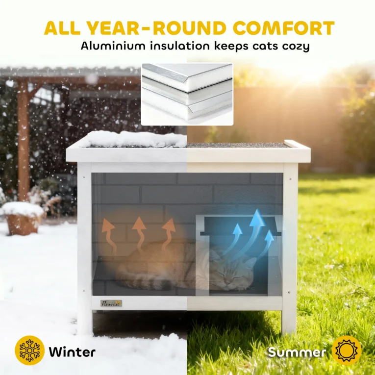 Insulated Wooden Outdoor Cat House with Opening Roof – Grey, 61cm