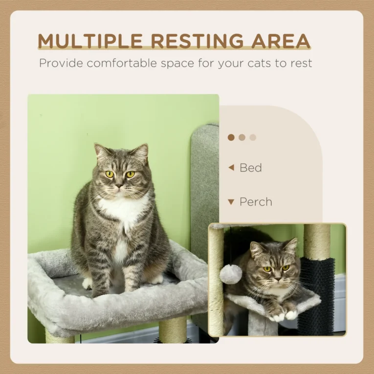 Compact Cat Tower with Bed and Grooming Brush – Grey, 48cm