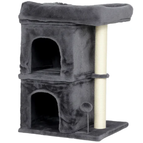 Compact Cat Tower with Two Dens and Wide Top Bed – Dark Grey, 66cm