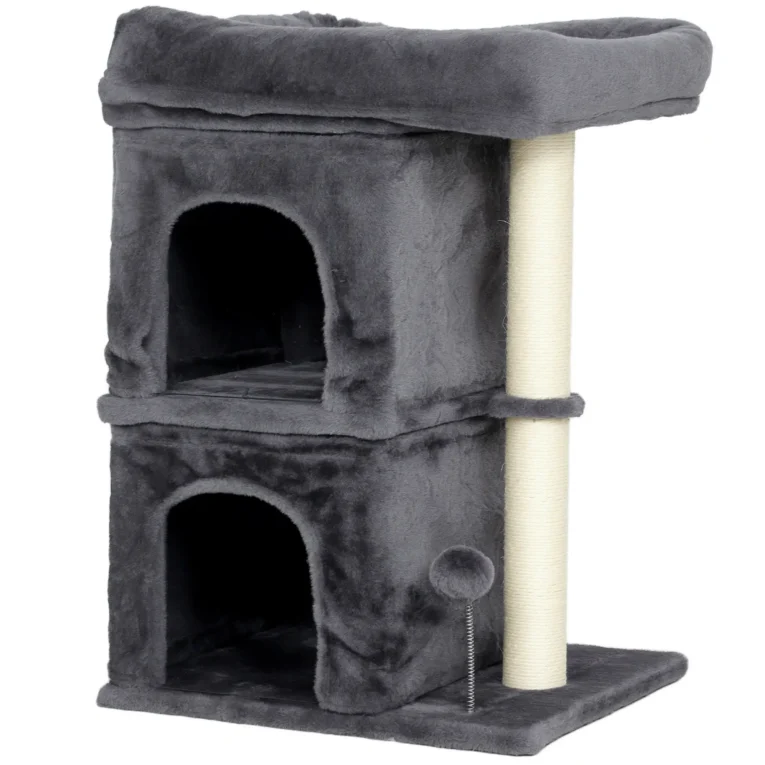 Compact Cat Tower with Two Dens and Wide Top Bed – Dark Grey, 66cm Compact Cat Tower with Two Dens and Wide Top Bed – Dark Grey, 66cm