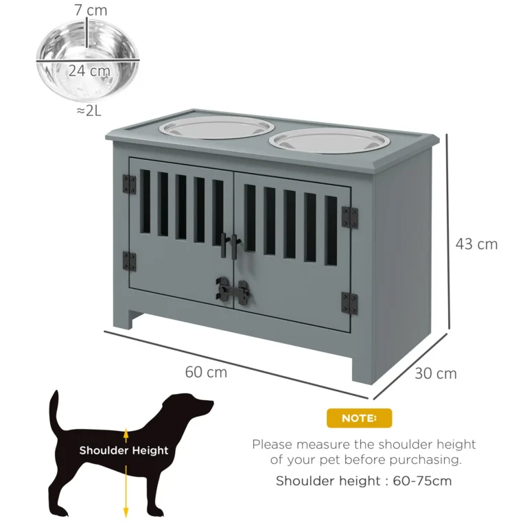 Dog Feeding Cabinet with Latching Doors – Grey, Two 2L Bowls