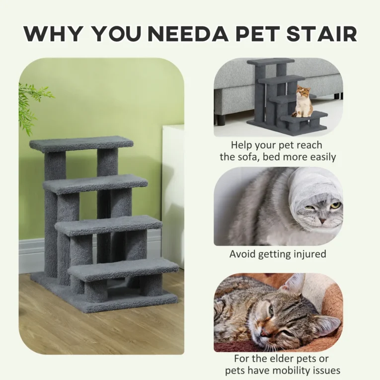 Four-Step Plush Pet Stairs – Grey, 60cm