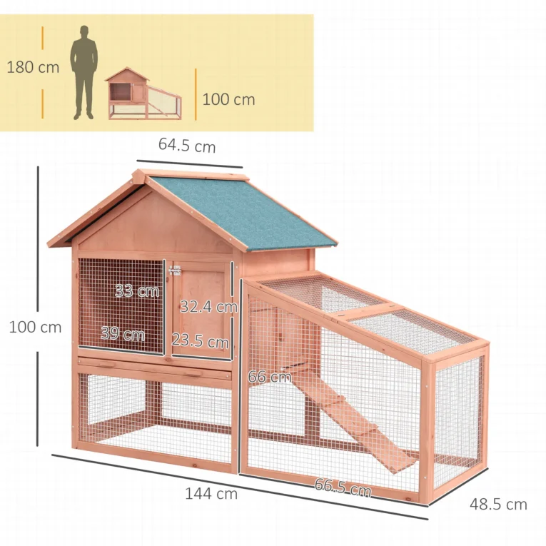 Two-Tier Wooden Rabbit Hutch with Side Run and Tray – 144cm