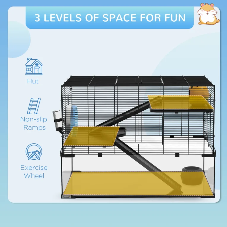 Three-Level Hamster Cage with Glass Base – Black, 76.5 × 48.5 × 54.5cm
