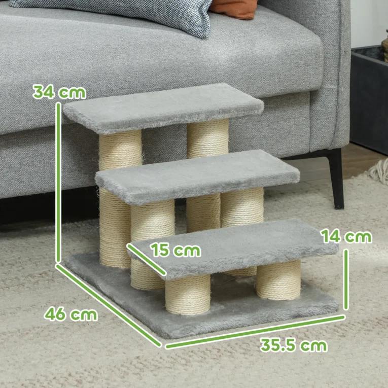 Three-Step Plush Pet Stairs – Grey, 34cm