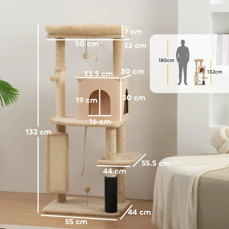 Cat Activity Tree with Grooming Brush and Bed – Beige, 132cm