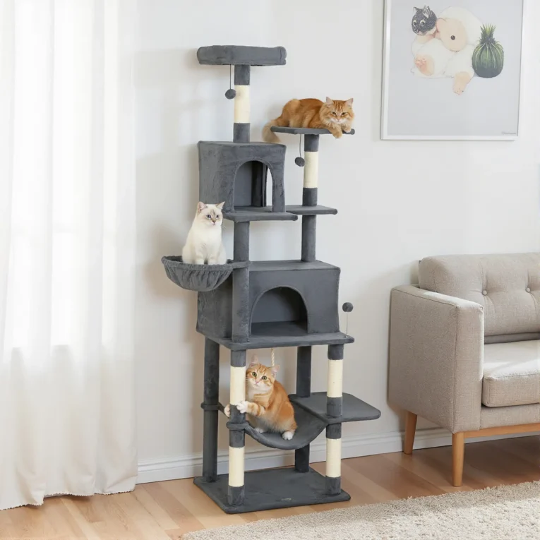 Tall Cat Activity Tower with Two Hammocks – Dark Grey, 202cm Tall Cat Activity Tower with Two Hammocks – Dark Grey, 202cm