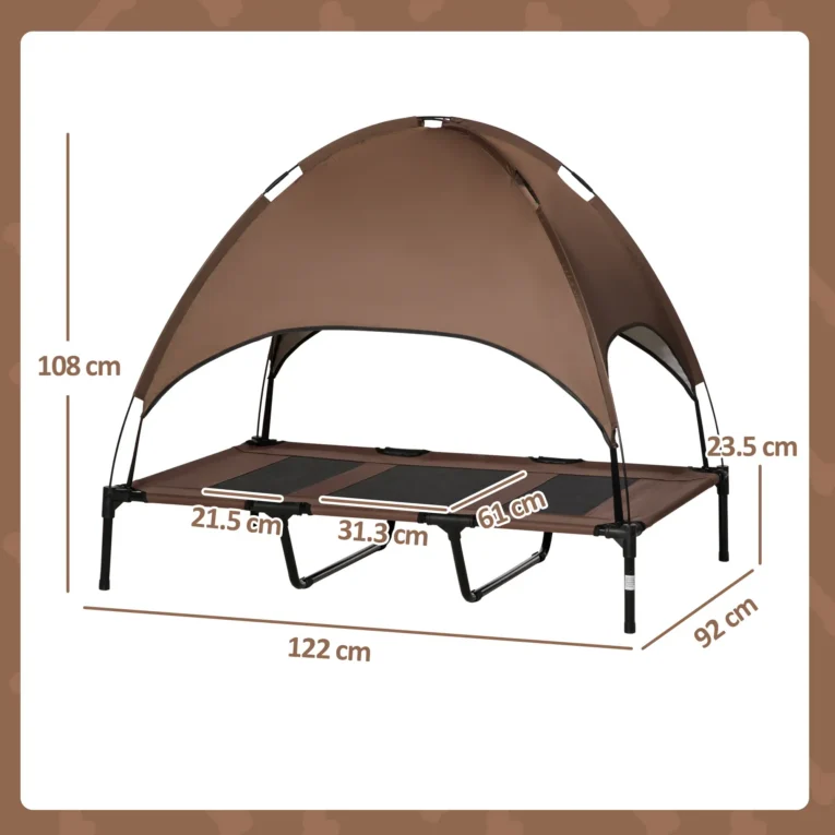 Raised Dog Bed with Canopy – Brown, 122 × 92cm