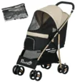 Folding Small-Pet Stroller with Rain Cover – Khaki, 15kg