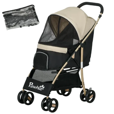 Folding Small-Pet Stroller with Rain Cover &ndash; Khaki, 15kg