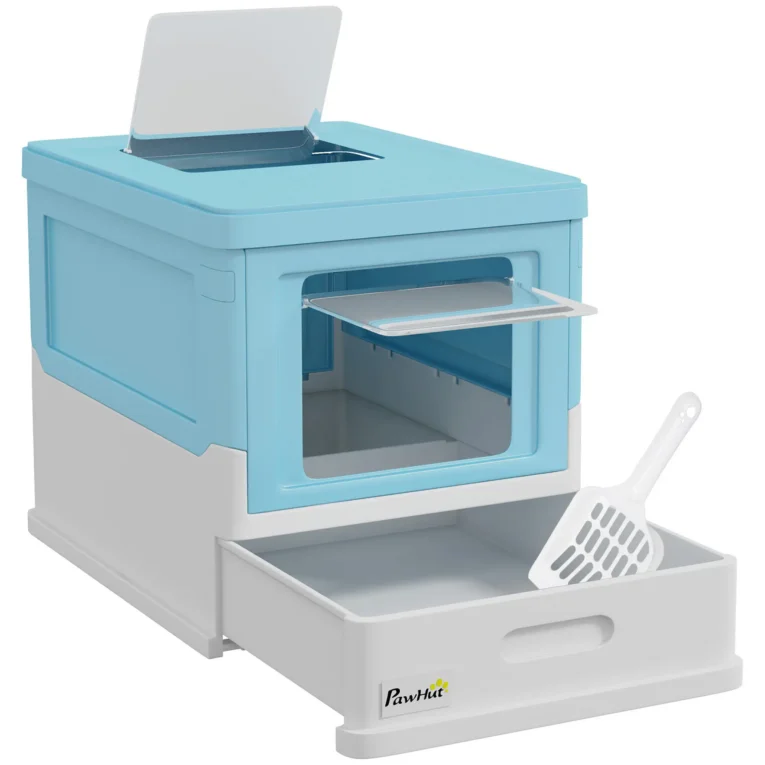 Folding Hooded Cat Litter Box with Scoop – Light Blue