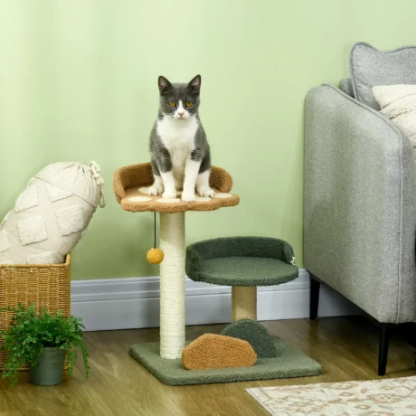 Compact Two-Bed Cat Tree – Green, Brown and Beige