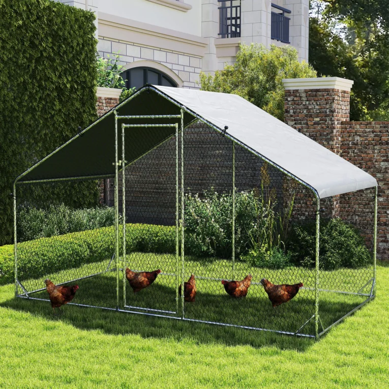 Walk-In Steel Chicken Run with Cover – Silver, 3 × 1.7m