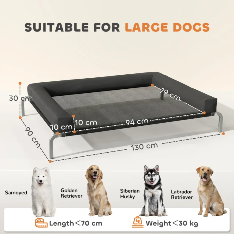 Raised Mesh Dog Bed with Removable Bolster – Black, 130cm