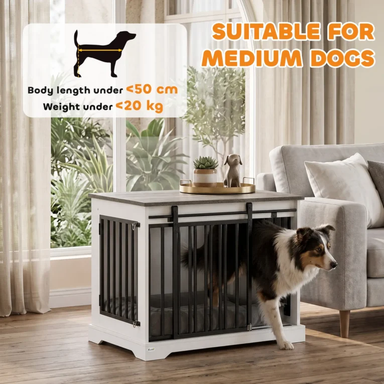 Dog Crate Side Table with Sliding Barn Door – White, 80cm