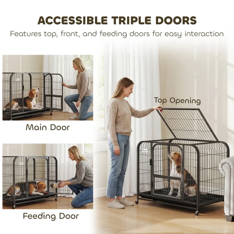 Steel Dog Crate with Feeding Door, Opening Top and Wheels – Black Steel Dog Crate with Feeding Door, Opening Top and Wheels – Black