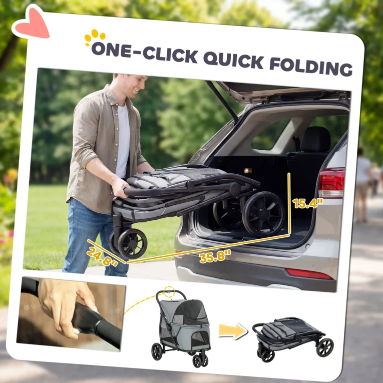 Three-Wheel Folding Dog Stroller with Dual Entry – Grey