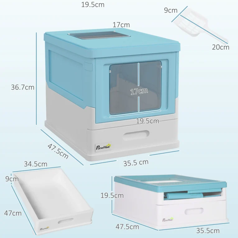 Folding Hooded Cat Litter Box with Scoop – Light Blue
