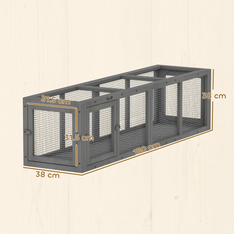Wooden Cat Run Tunnel with Three Removable Doors – Grey, 150cm