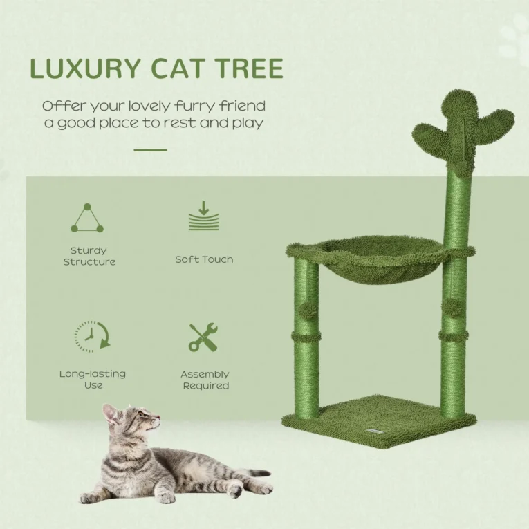 Cactus Cat Tower with Hammock – Green, 96cm