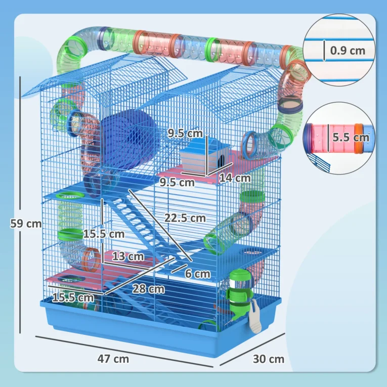 Five-Level Hamster Habitat with Full Tunnel Loop – Blue, 47 × 30 × 59cm