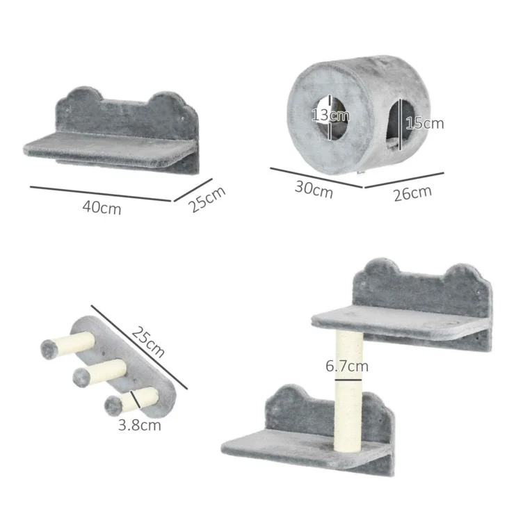 Wall-Mounted Cat Tree with Steps and Perch – Grey and cream