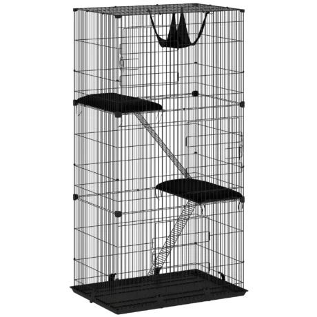 Tall Indoor Cat Enclosure with Hammock and Platforms – Black