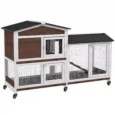 Two-Level Wooden Rabbit Hutch with Wheels and Run – Brown