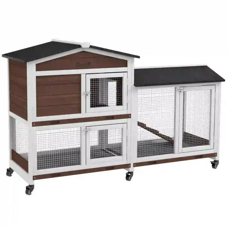 Two-Level Wooden Rabbit Hutch with Wheels and Run – Brown