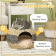 Round Rattan-Effect Cat Cave with Cushion – Beige, 40cm