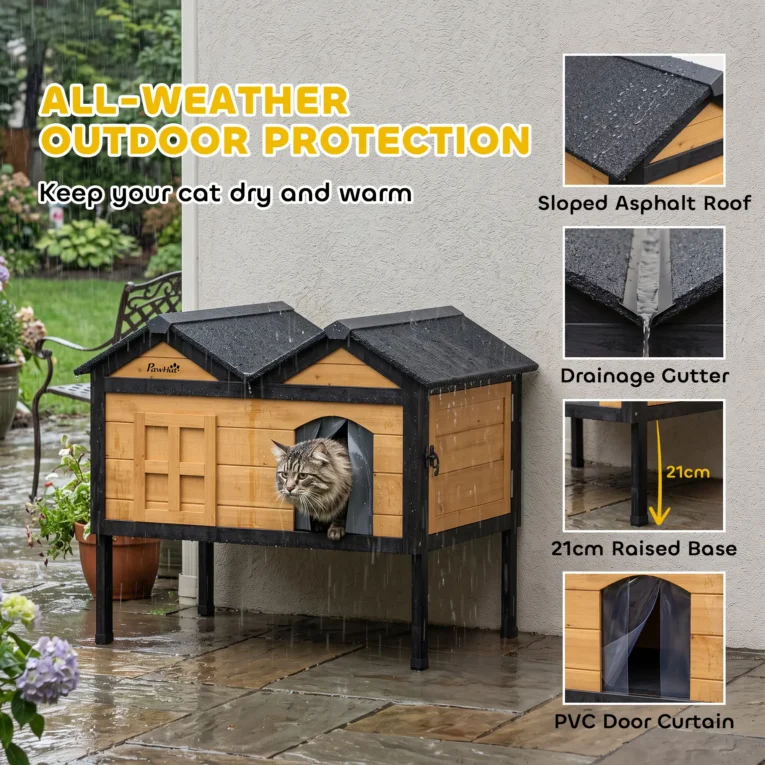 Raised Wooden Cat Shelter with Side Access – Yellow, 74.6cm