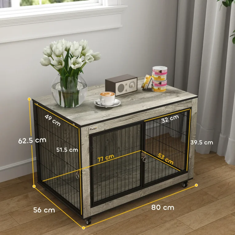 Dog Crate Furniture with Front and Side Doors – Grey, 80cm