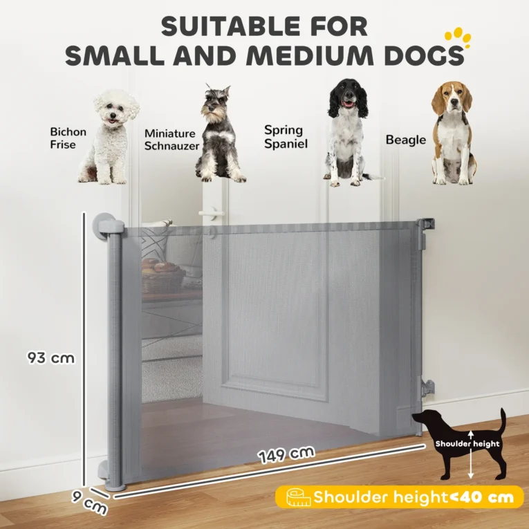 Retractable Mesh Dog Gate – Grey, Extends to 140cm Retractable Mesh Dog Gate – Grey, Extends to 140cm