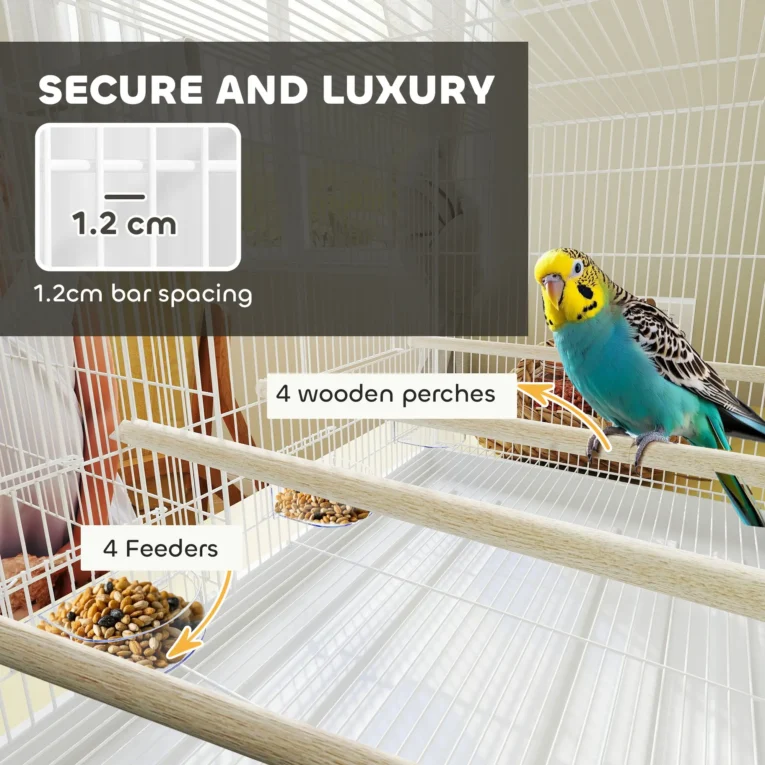 Divided Bird Cage with Perches and Feeders – White, 76cm